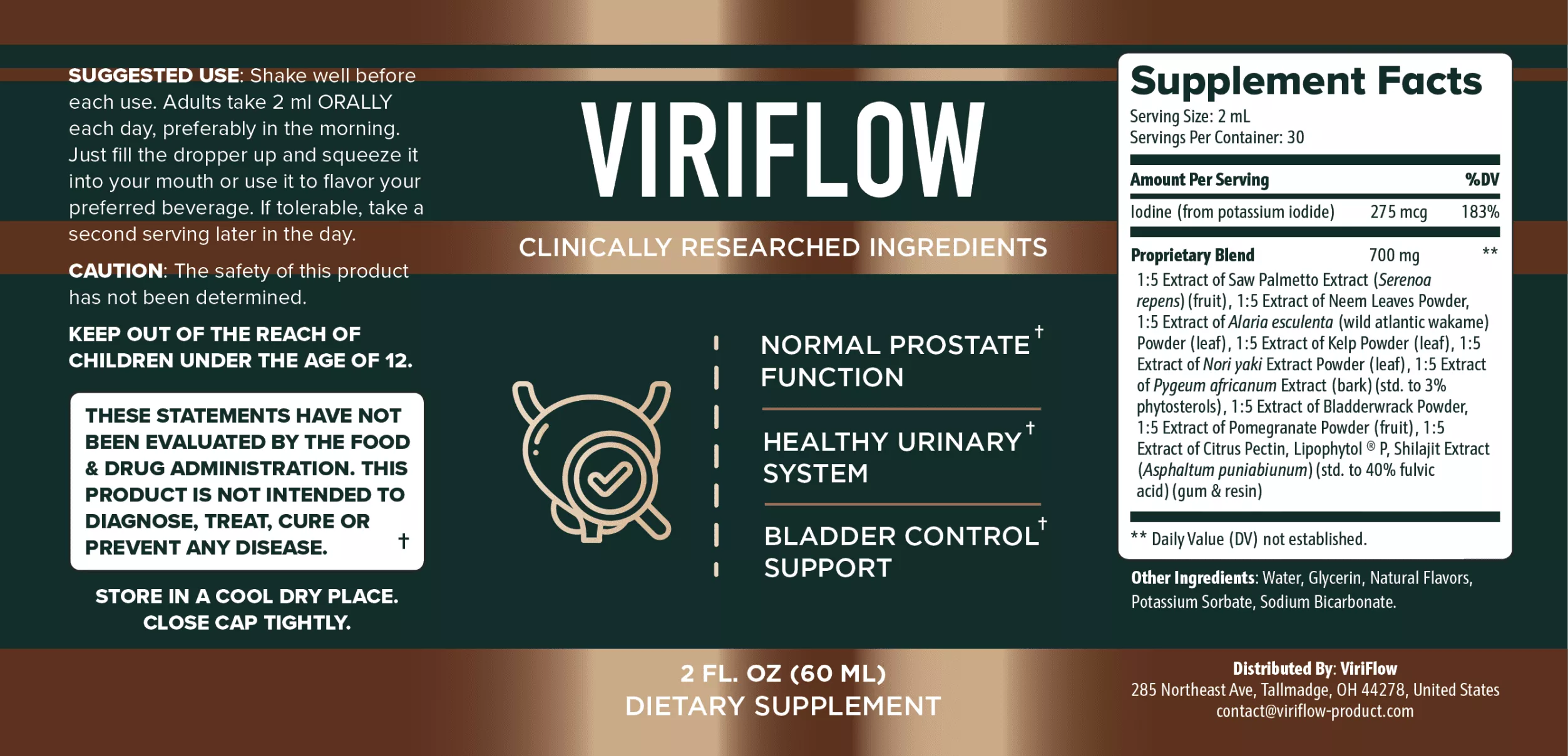 ViriFlow supplement facts label showing full ingredients and dosage information